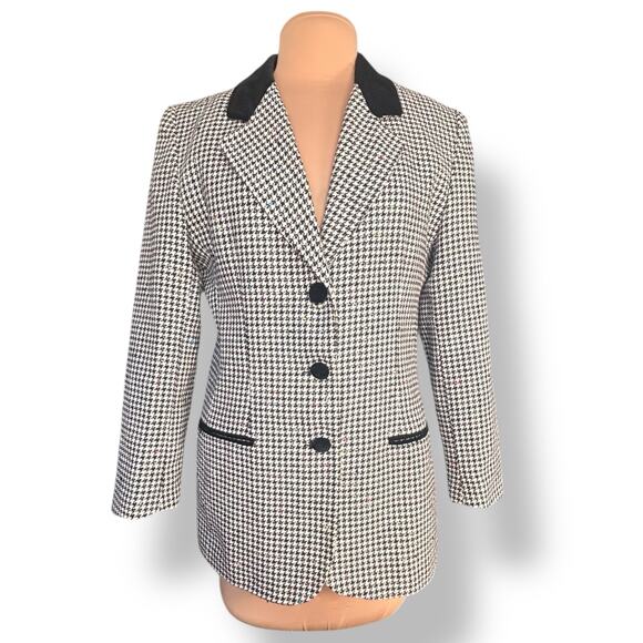 Vintage Jackets & Blazers - Vintage 90s Tailored Black White Houndstooth Blazer Jacket Velvet Collar Wool